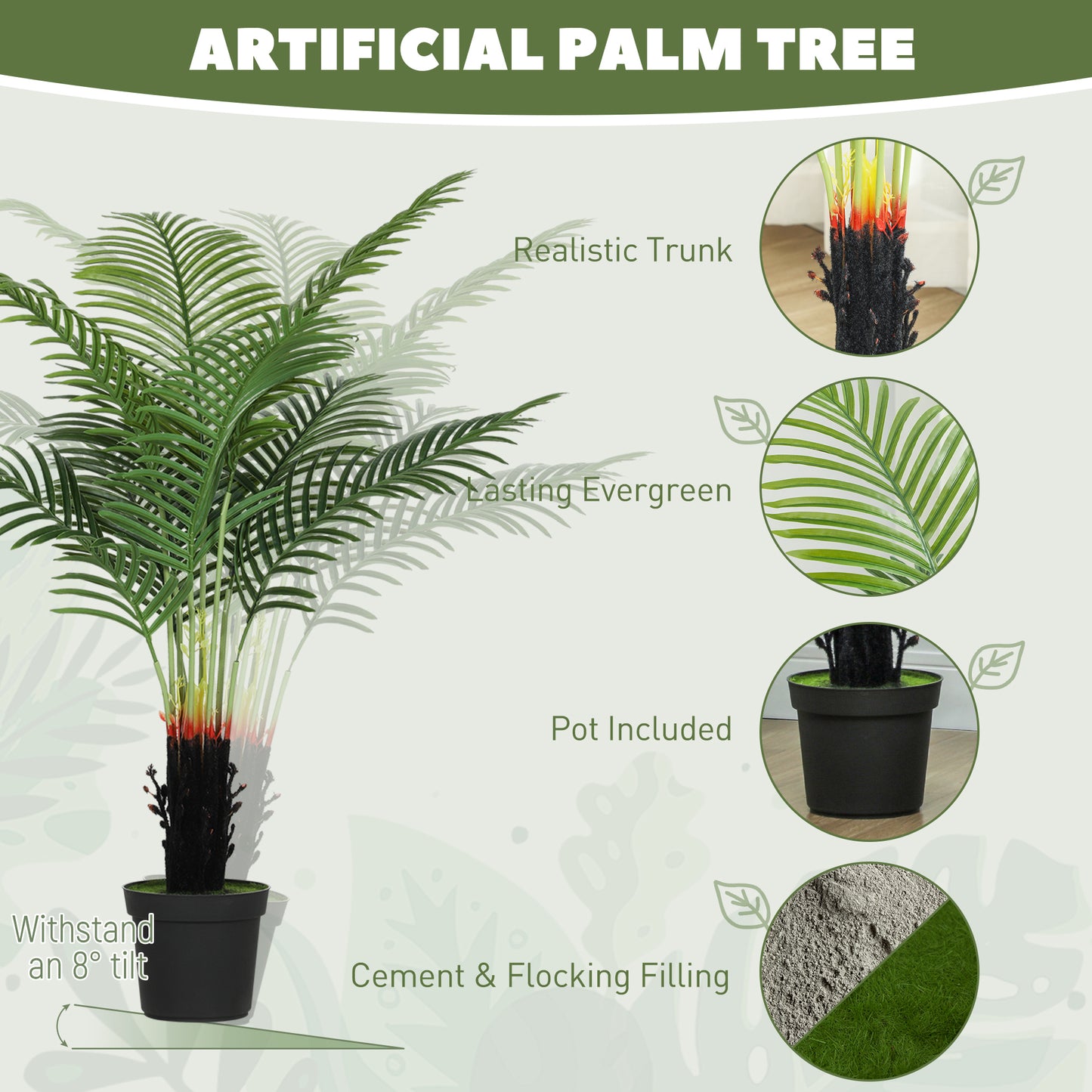 HOMCOM 120cm Artificial Areca Palm Tree with 9 PE Leaves, Decorative Artificial Plant with Plastic Pot and Flocked Soil, Fake Plant for Home Office Decor, Green