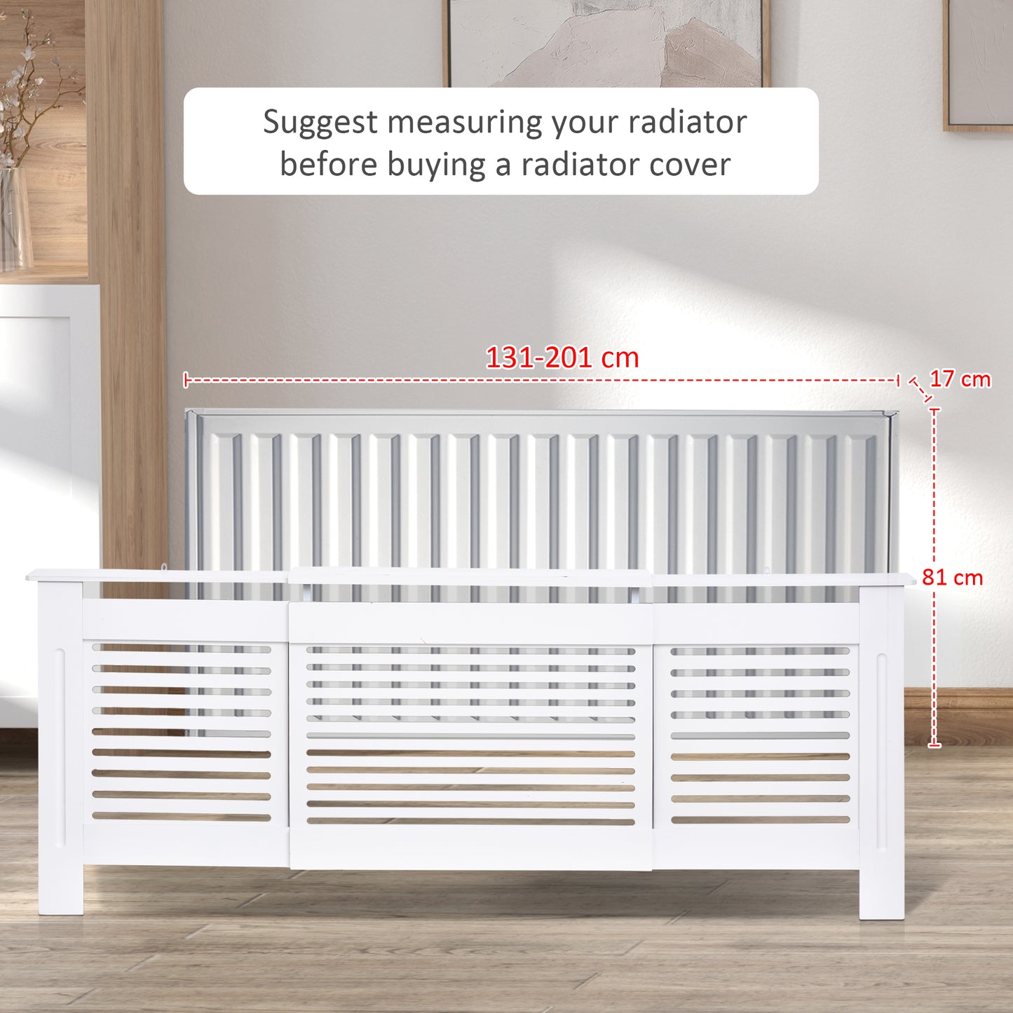 HOMCOM Extendable Radiator Cover, Modern MDF White Painted Cabinet with Horizontal Slats for Living Room, Bedroom, 139-208.5L x 20.5W x 82.5H cm