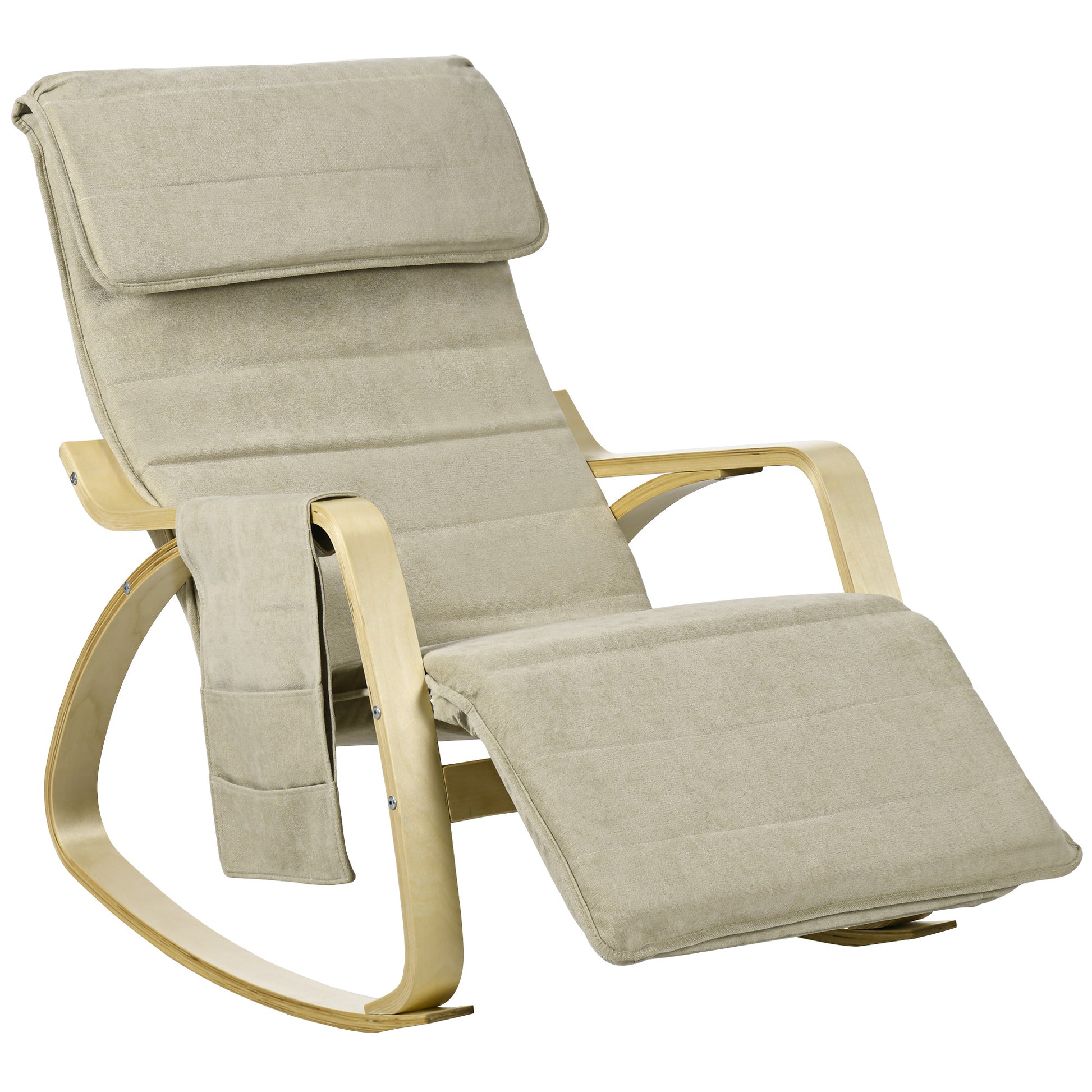 Photo of HOMCOM Rocking Lounge Chair Recliner Relaxation Lounging Relaxing Seat with Adjustable Footrest, Side Pocket and Pillow, Khaki in Khaki colour on a white background