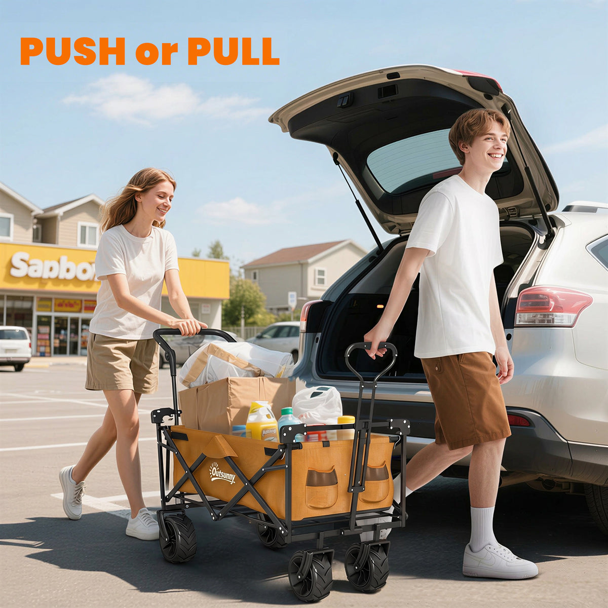 Orange folding wagon loaded with groceries, pushed and pulled by its handles