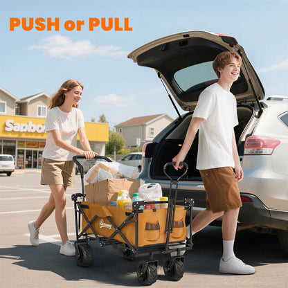 Orange folding wagon loaded with groceries, pushed and pulled by its handles