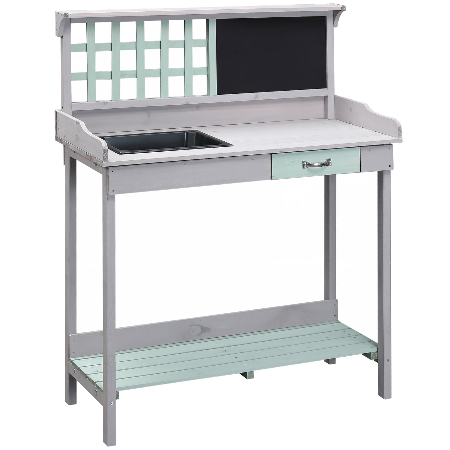 Photo of HOMCOM Garden Potting Table with Sink, Blackboard and Drawer, Wooden Planting Work Bench Workstation Outdoor Tool Storage Shelves in Shelves colour on a white background