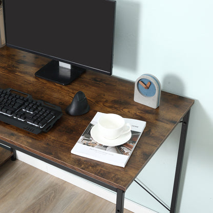 Rustic brown desk surface with a monitor, keyboard, and mouse
