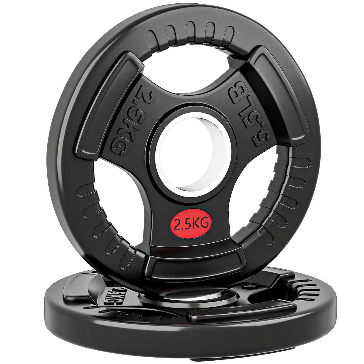 Photo of SPORTNOW Olympic Weight Plates, 2"/5cm Weight Disc Pair with Tri-Grips, 2 x 2.5kg Dumbbell Plates for Weightlifting and Strength Training Home Gym Fitness Workout, Black in Black colour on a white background