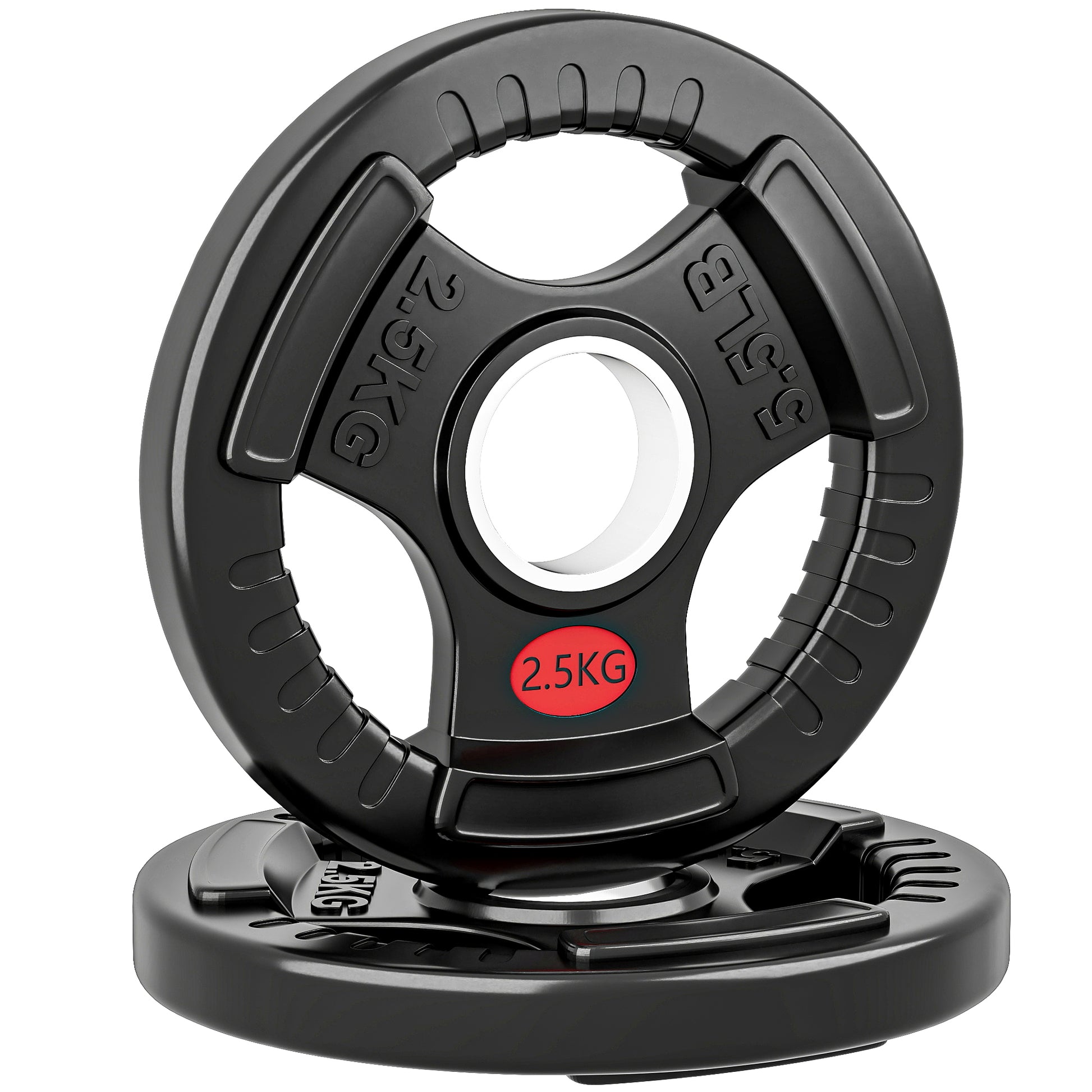 Photo of SPORTNOW Olympic Weight Plates, 2"/5cm Weight Disc Pair with Tri-Grips, 2 x 2.5kg Dumbbell Plates for Weightlifting and Strength Training Home Gym Fitness Workout, Black in Black colour on a white background