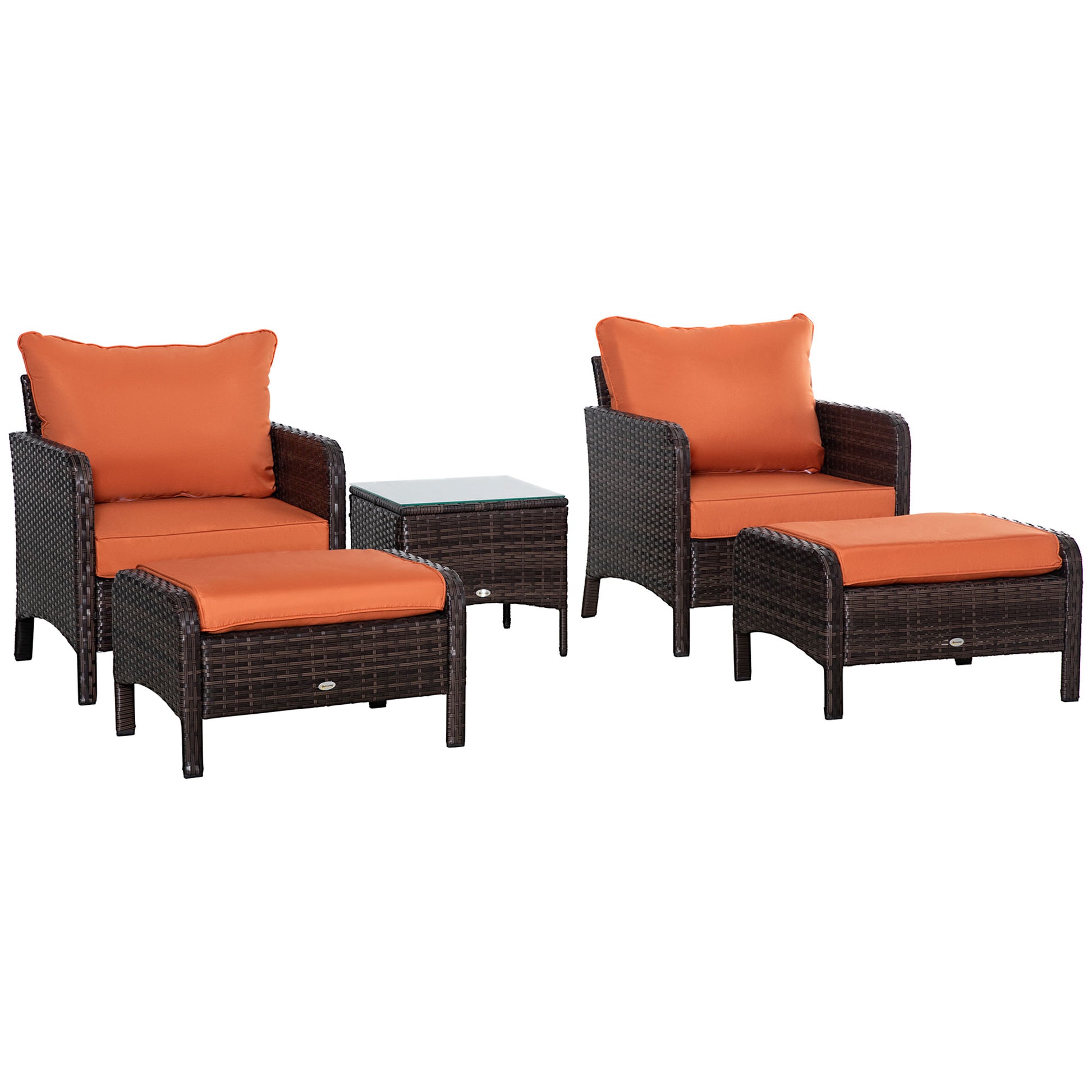 Photo of Outsunny 5 Pieces PE Rattan Garden Furniture Set with 10cm Thick Padded Cushions, Wicker Weave Outdoor Seating Chairs with 2 Armchairs, 2 Stools, Glass Top Table, Brown in Brown colour on a white background