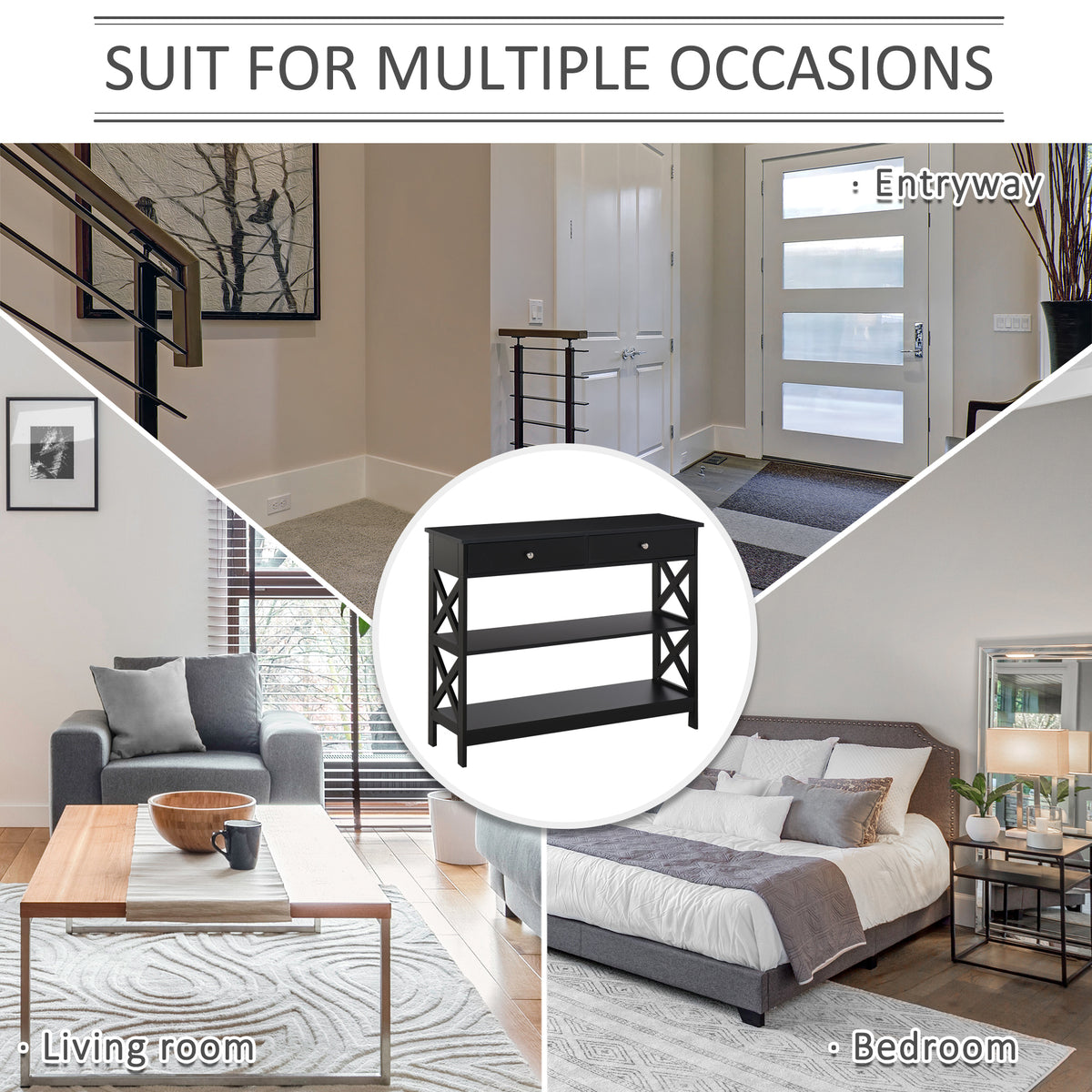 Black console table shown in an entryway, living room and bedroom.