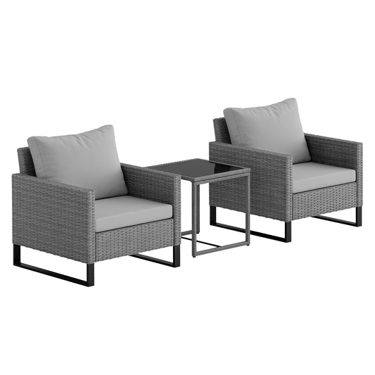 Photo of Outsunny 3 Pieces Rattan Bistro Set with 4 Cushions, Wicker Garden Furniture Set, Glass Top Coffee Table and Chairs for Outdoor Patio, Balcony, Terrace and Conservatory, Grey in Grey colour on a white background