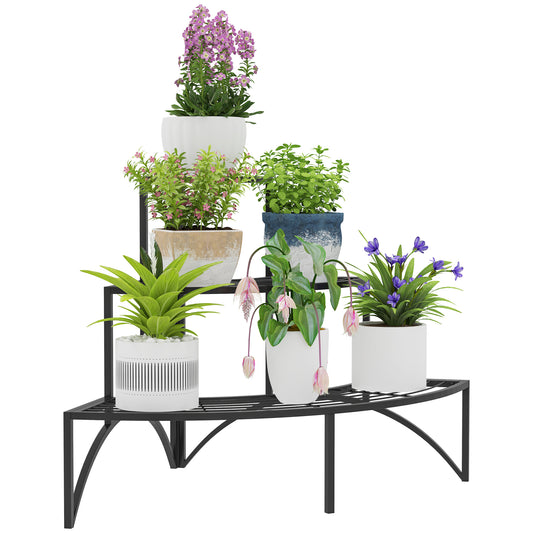 Photo of Outsunny Three-Tier Corner Metal Plants Shelves - Black in Black colour on a white background