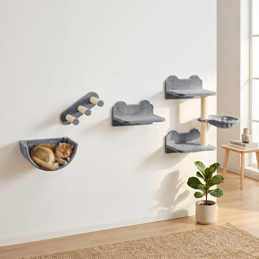 Photo of PawHut 4PCs Wall-Mounted Cat Shelves w/ Scratching Post, Hammock, Nest - Grey in Grey colour on a white background