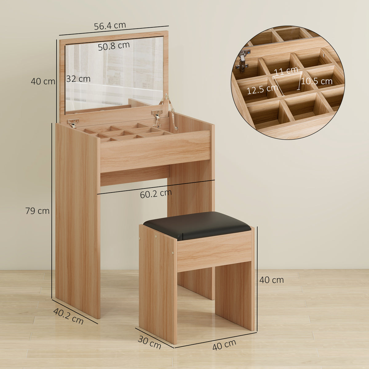 Wood vanity table and stool with flip-up mirror, storage compartments, and dimensions shown