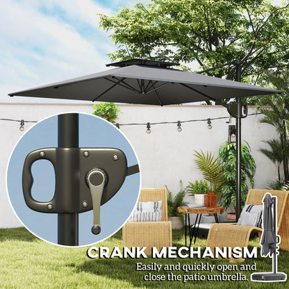 Cantilever patio umbrella with close-up of its hand crank mechanism