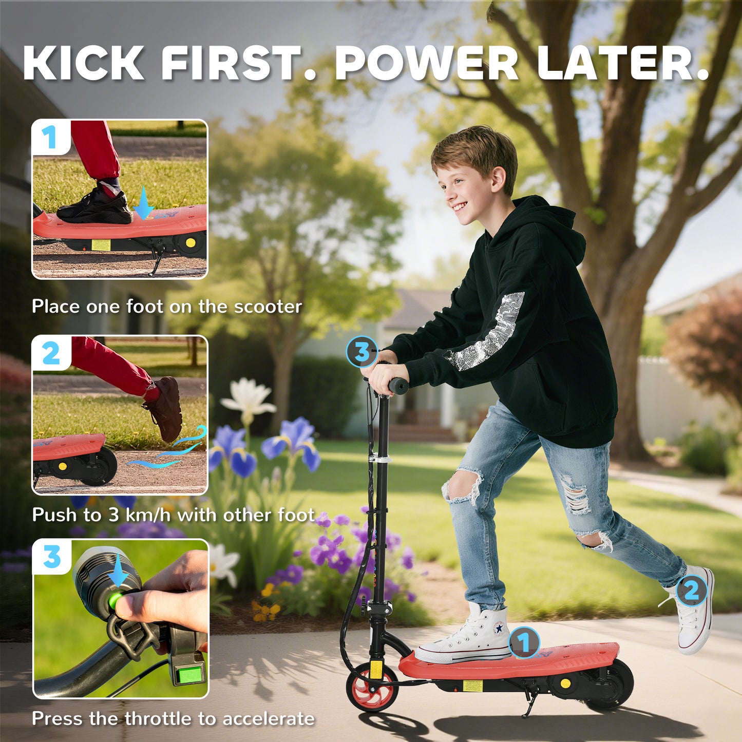 HOMCOM Foldable Electric Scooter, with LED Lights, for Ages 7-14 Years, Red