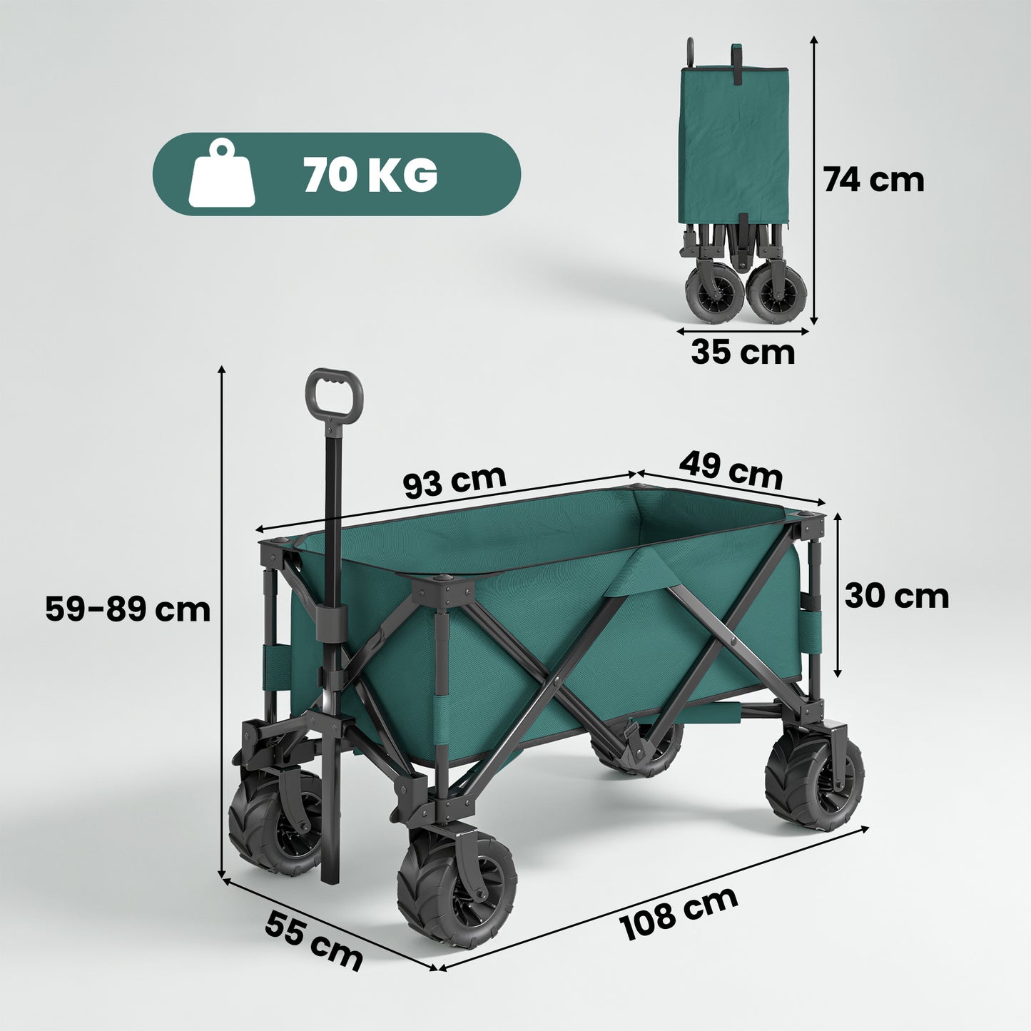 Outsunny 205L Festival Trolley on Wheels, Folding Camping Trolley Cart with Telescopic Handle, Beach Cart with Wide Big Wheels for Outdoor Garden Fishing, Green
