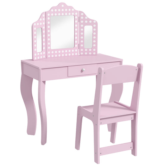 Photo of AIYAPLAY Kids Dressing Table Sets with Stool and Tri-Fold Mirror, Drawer for Playroom, Bedroom - Pink in Pink colour on a white background