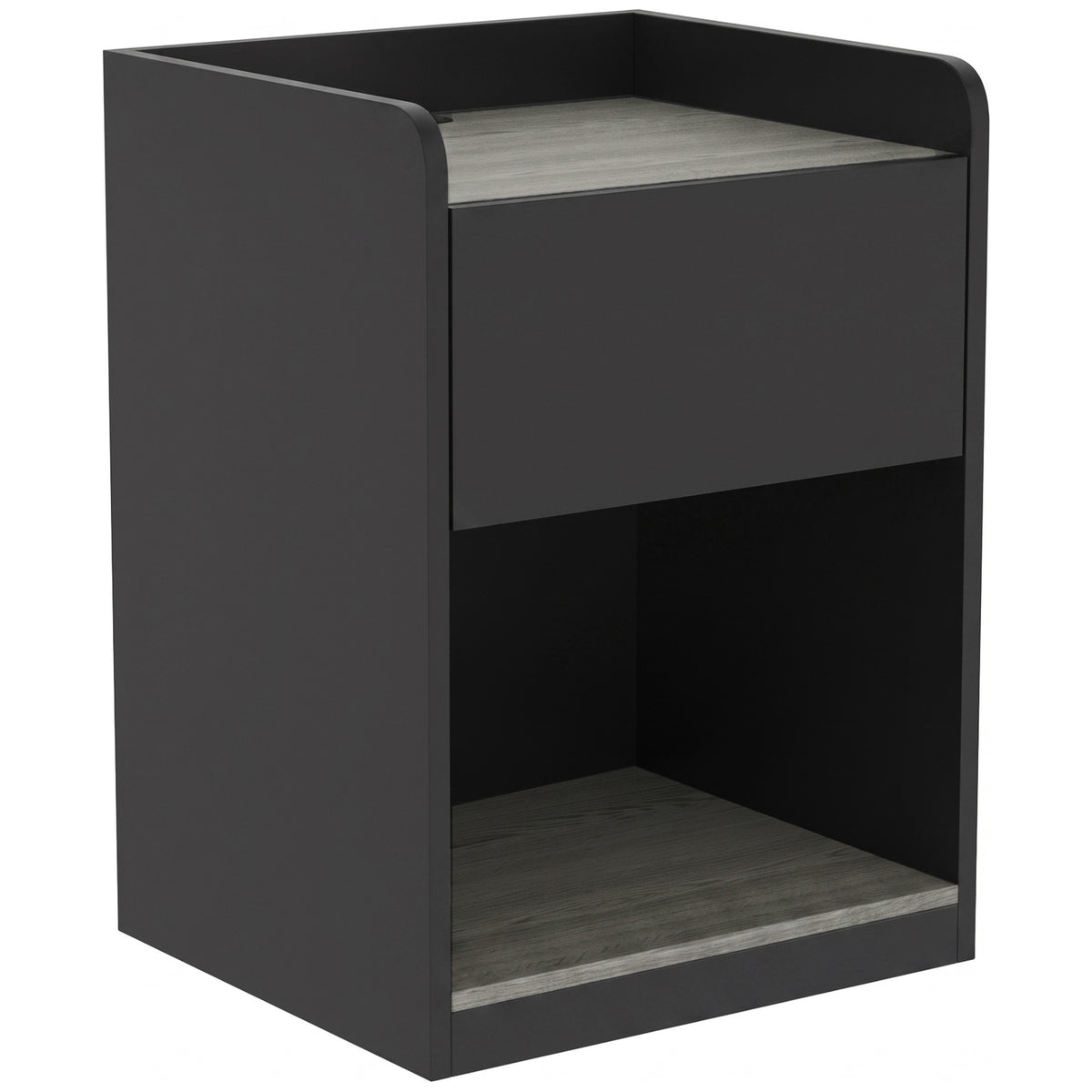Photo of HOMCOM Modern Bedside Table, Slim Nightstand with Drawer, Shelf and Cable Holes, Black and Grey Wood Effect in Effect colour on a white background