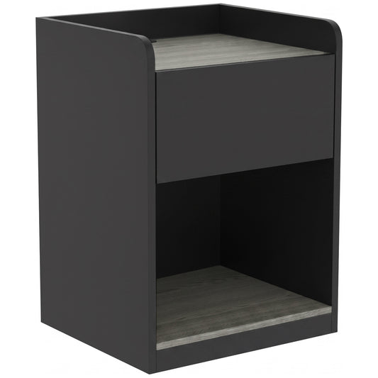 Photo of HOMCOM Modern Bedside Table, Slim Nightstand with Drawer, Shelf and Cable Holes, Black and Grey Wood Effect in Effect colour on a white background