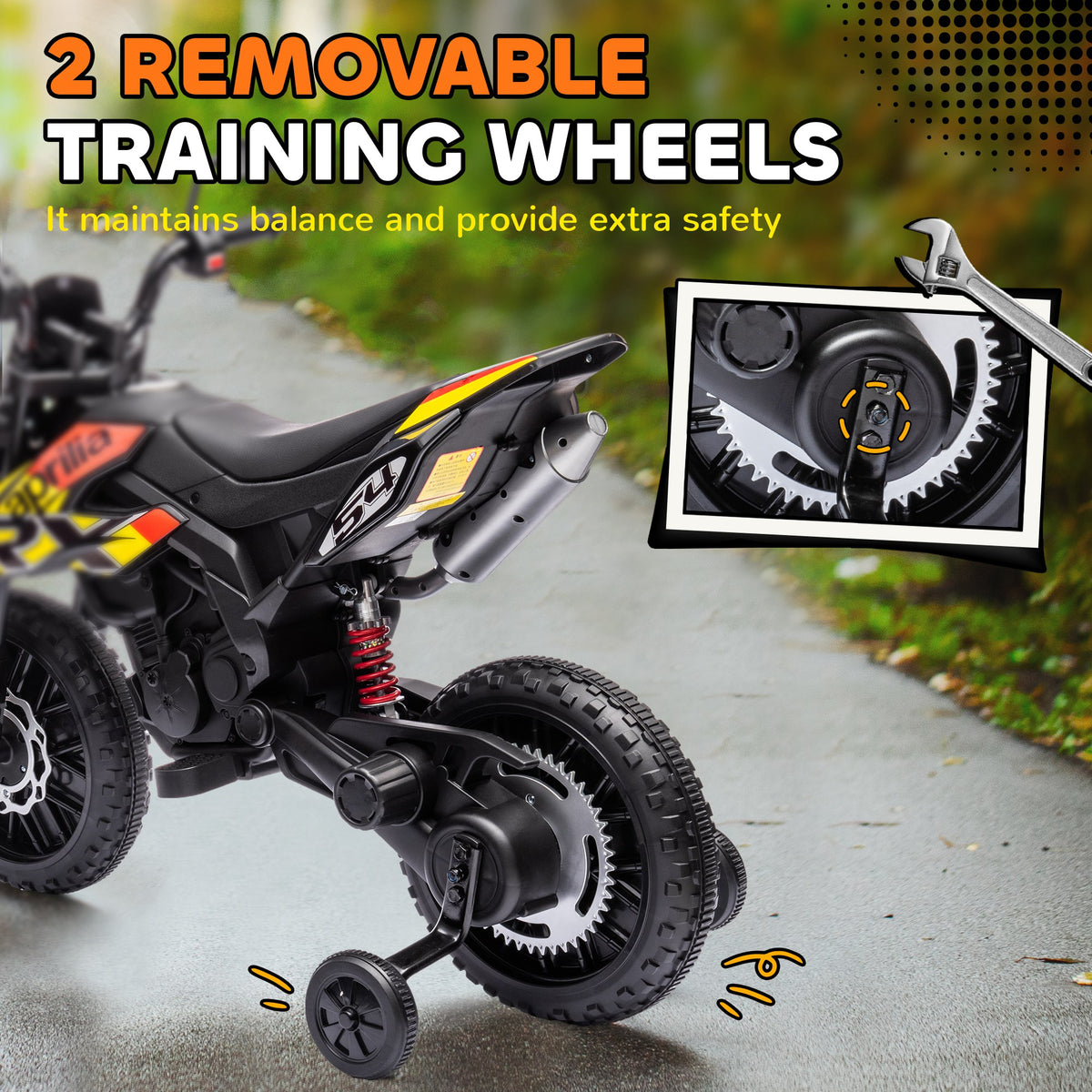 AIYAPLAY Aprilia motorbike rear wheel, suspension and removable training wheel detail