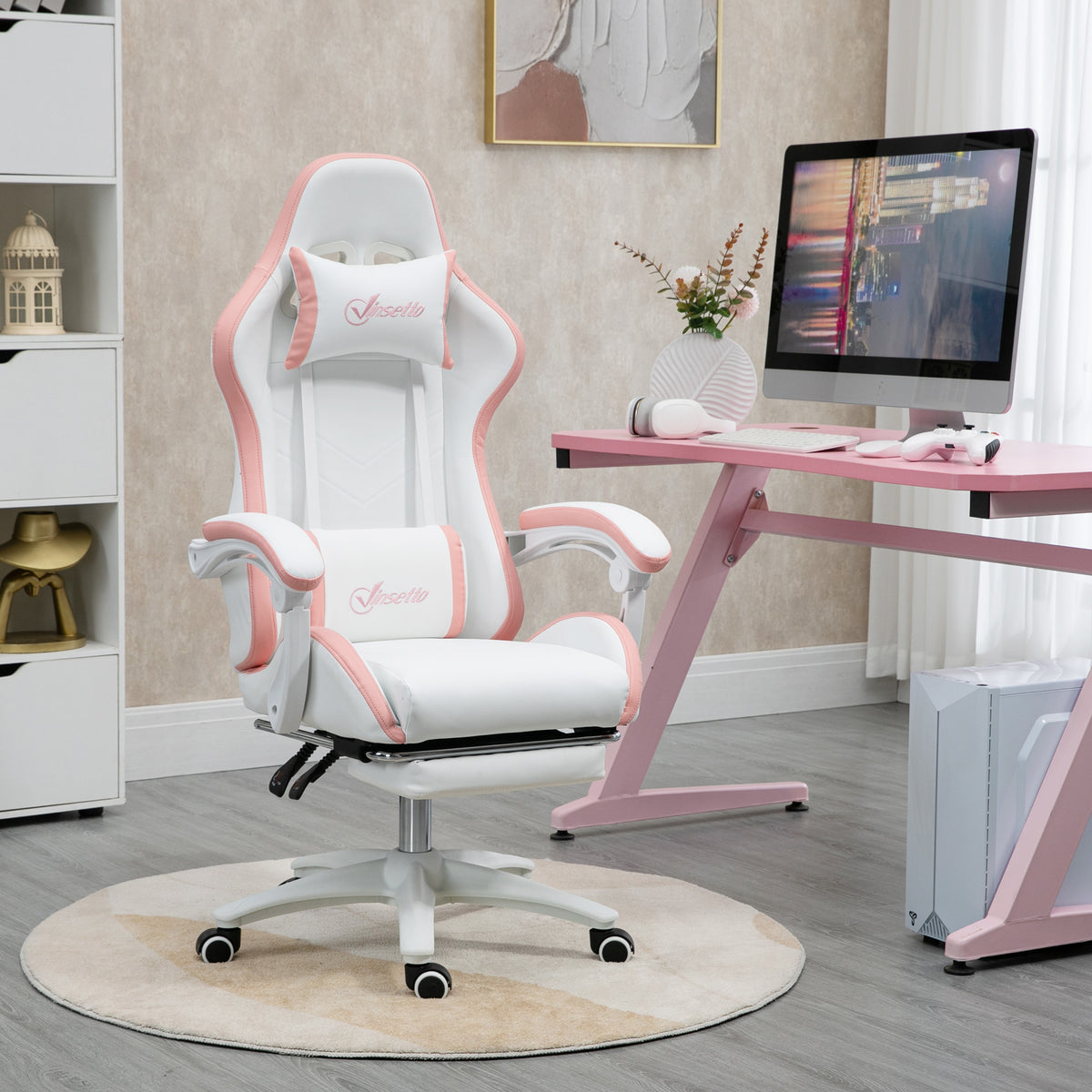 Vinsetto Gaming Chair, Computer Gamer Chair with Reclining High Back, Headrest, Lumbar Support, Footrest, Swivel Wheels, PU Leather, Adjustable Height for Home, White and Pink