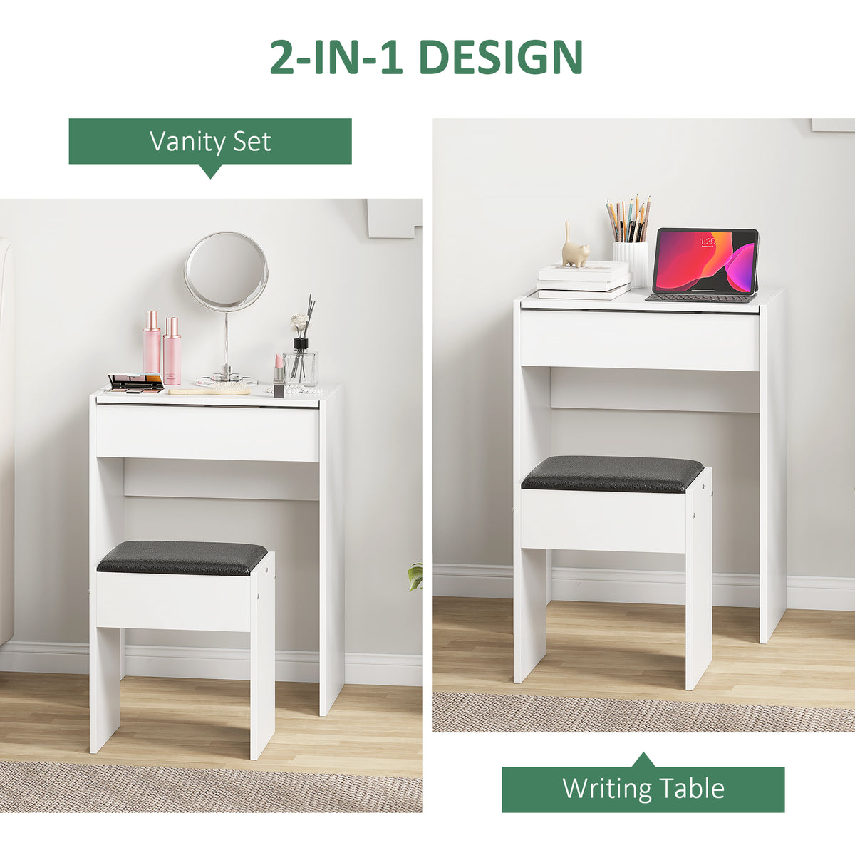 White vanity table and stool shown as a makeup station and writing desk