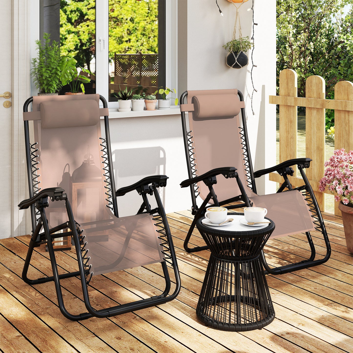 Outsunny Zero Gravity Chair Set of 2, Metal Frame Texteline Armchair Outdoor Folding and Reclining Sun Lounger with Head Pillow for Patio Decking Gardens Camping, Beige