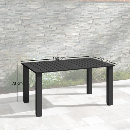 Black slatted outdoor dining table, shown with dimensions of 150 by 90 by 73 cm