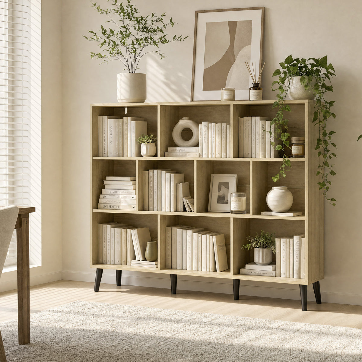 HOMCOM 10-Cube Bookcase, 3-Tier Book Shelf with Solid Wood Legs, 140 cm Modern Bookshelf with Anti-Tip Kit, Oak