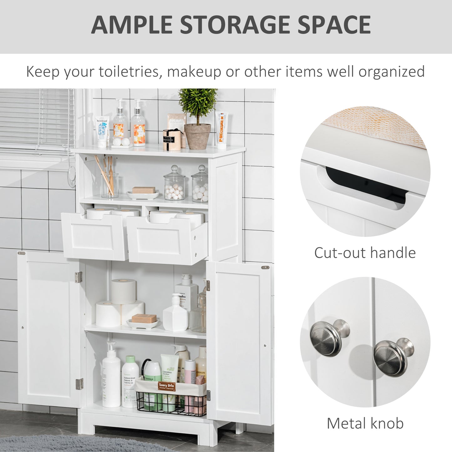 kleankin Bathroom Cabinet, Free Standing Bathroom Storage Cabinet with 2 Drawers and Adjustable Shelf, Small Bathroom Storage Unit, White