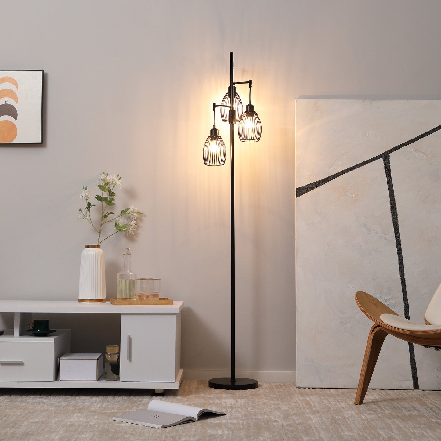 HOMCOM 3-Light Floor Lamp, 170cm Industrial Dimmable Standing Lamp with Steel Wire Cage Lampshades for Living Room, Bedroom, Dining Room, Study, Bulb Not Included, Black