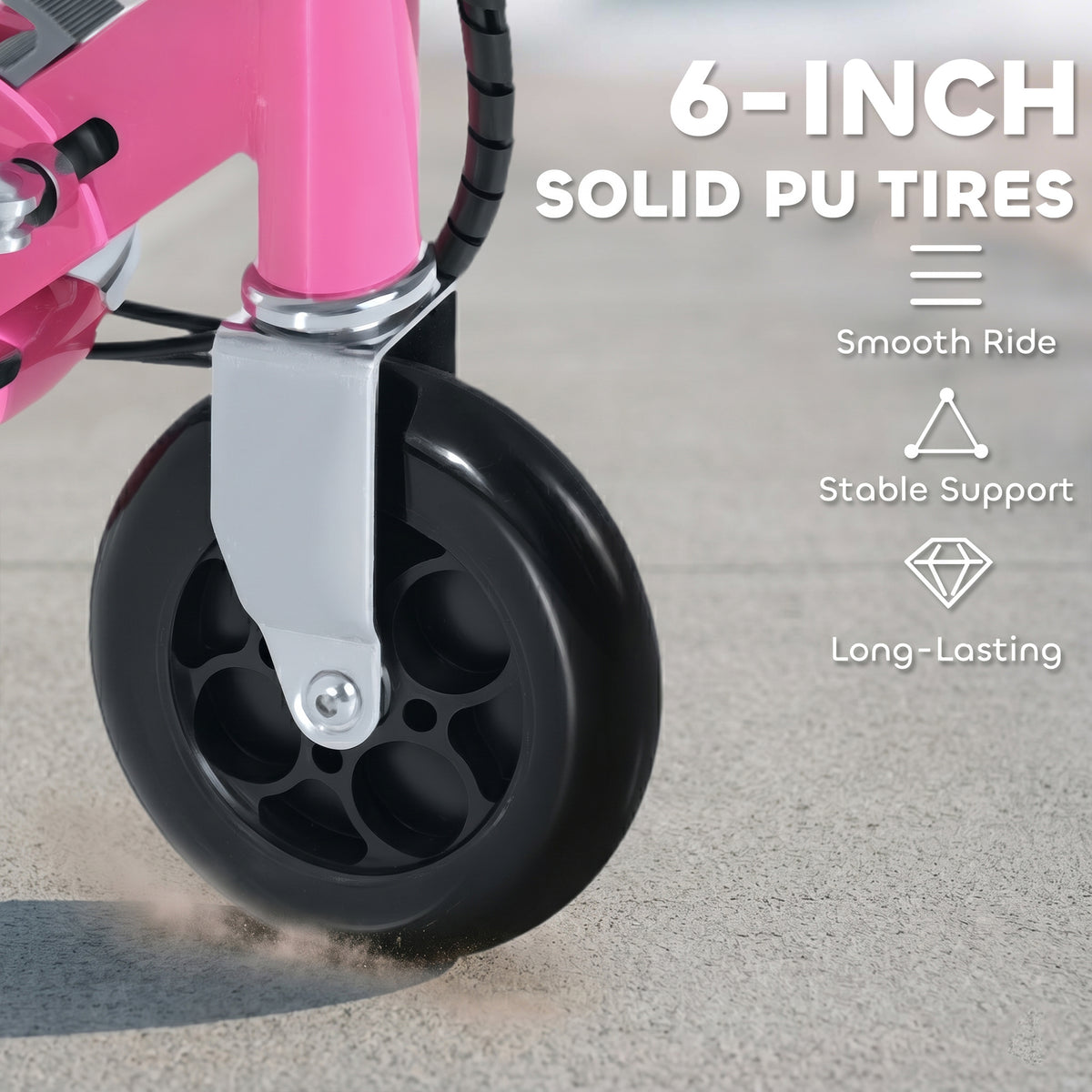 Close-up of the scooter's black 6-inch solid tire and pink fork