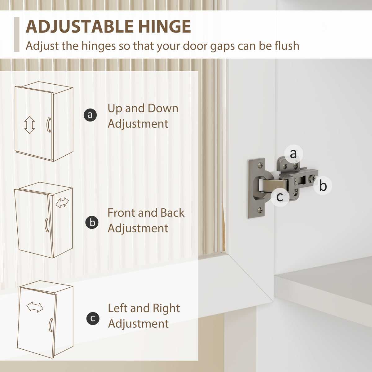 Kitchen cupboard door hinge with adjustable up-down, front-back and left-right settings