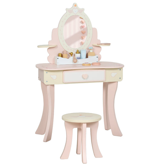 Photo of AIYAPLAY Kids Dressing Table, Girls Vanity Set with Mirror and Stool, 7 Play Accessories, Drawer, Desktop Storage, Pink in Pink colour on a white background