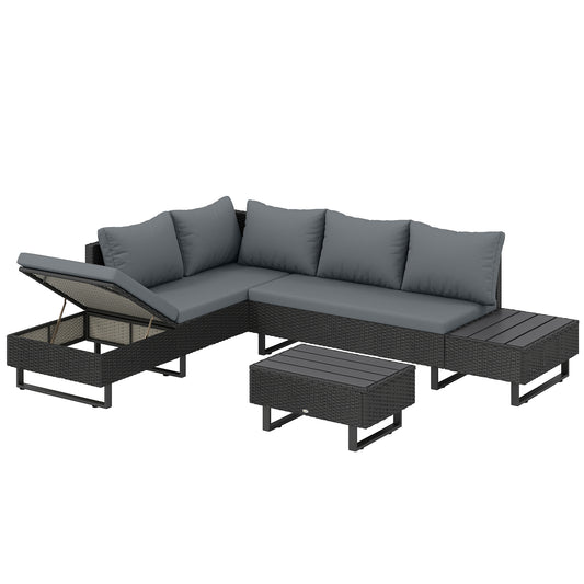 Photo of Outsunny 5 Seater Rattan Garden Furniture Set, L Shaped Garden Corner Sofa, Adjustable Back, Faux Wood Table, Dark Grey in Grey colour on a white background