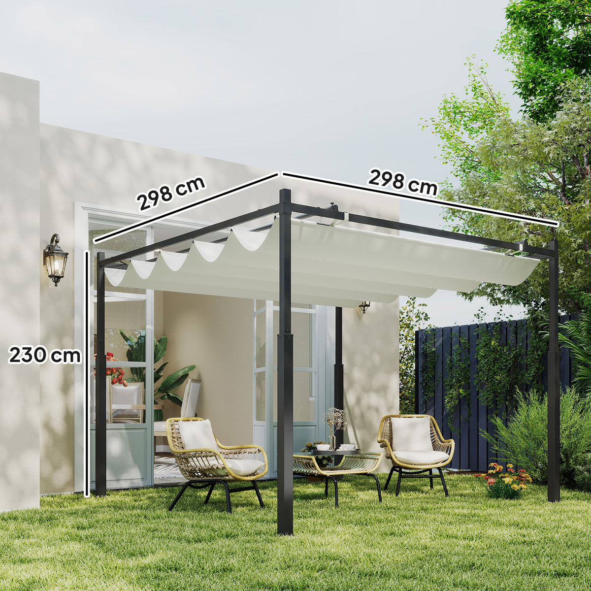Metal pergola with cream canopy, shown with 298 cm sides and 230 cm height