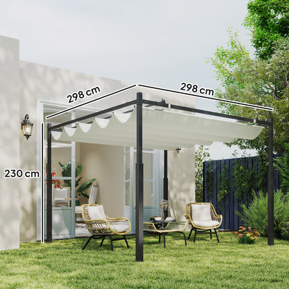 Metal pergola with cream canopy, shown with 298 cm sides and 230 cm height