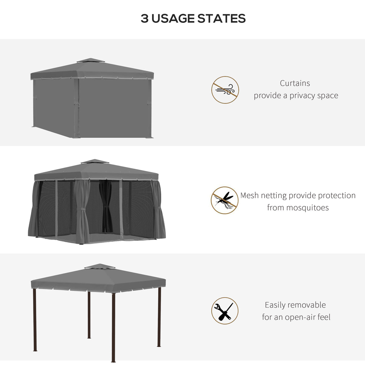 Gazebo shown with curtains closed, mosquito netting, and open sides