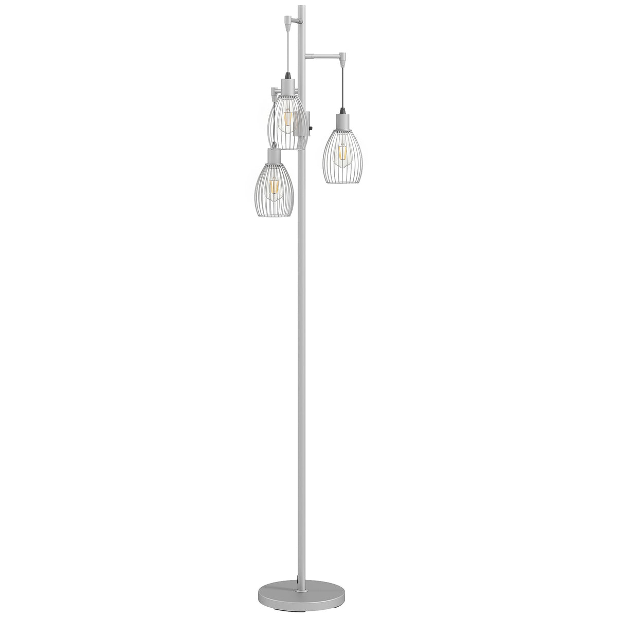 Photo of HOMCOM 170.5cm Industrial Dimmable Standing Lamp, 3-Light Floor Lamp with Steel Wire Cage Lampshades, Silver Tone in Tone colour on a white background