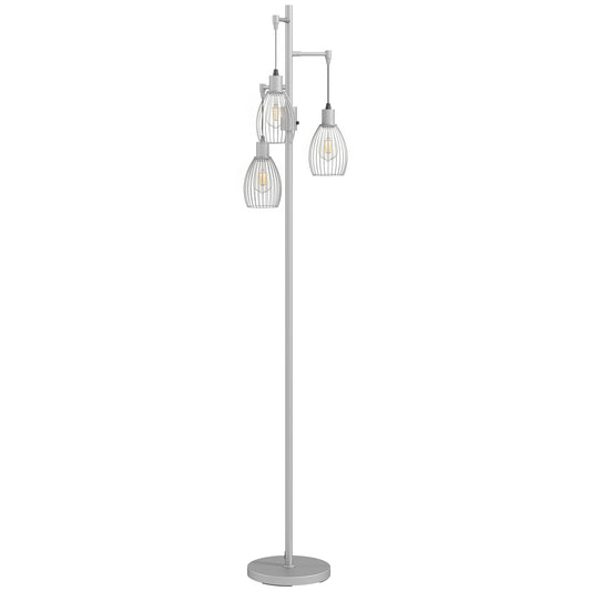 Photo of HOMCOM 170.5cm Industrial Dimmable Standing Lamp, 3-Light Floor Lamp with Steel Wire Cage Lampshades, Silver Tone in Tone colour on a white background