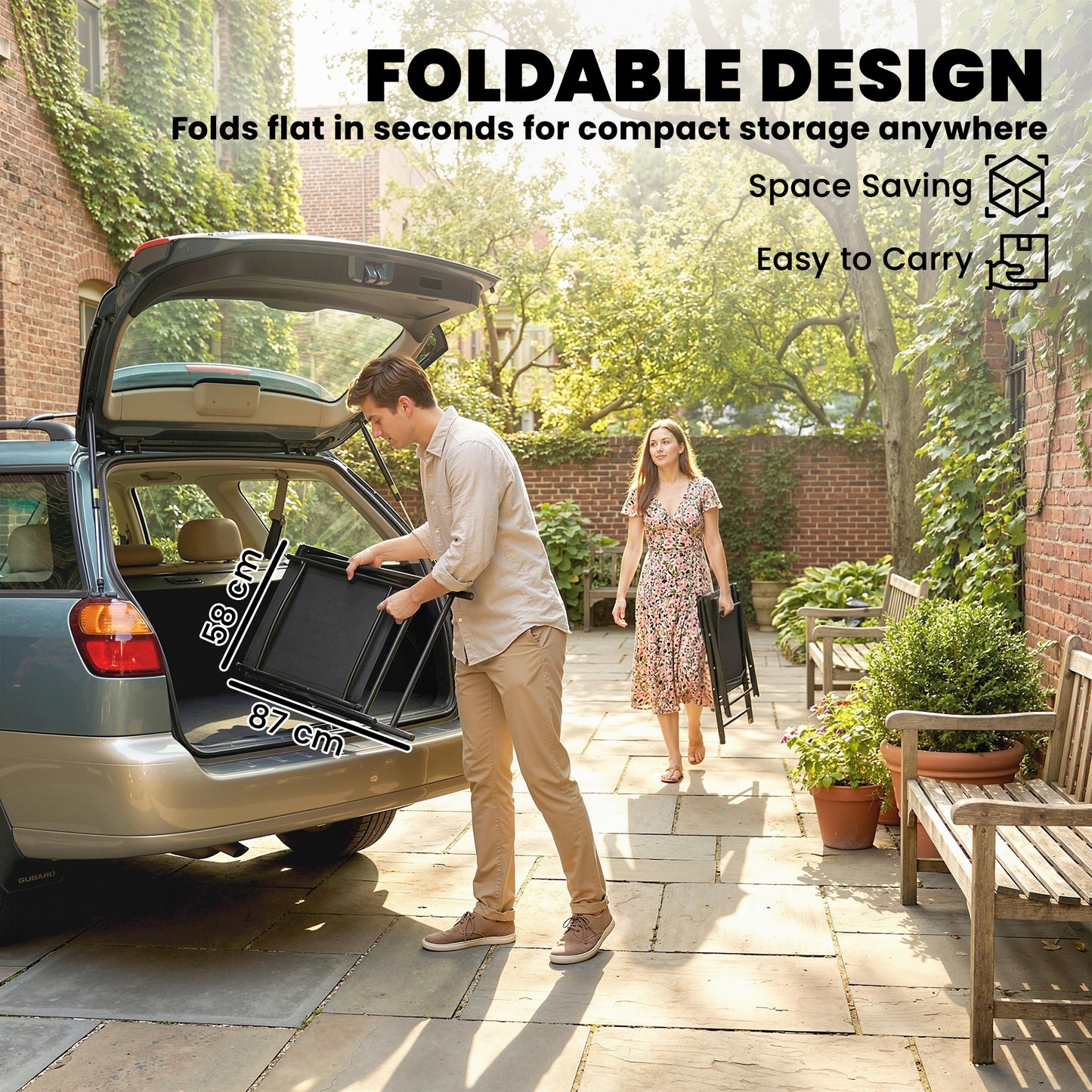 Outsunny Folding Garden Chairs Set of 4, Foldable Garden Dining Chairs with High Back, Armrests, Texteline Seat, Black