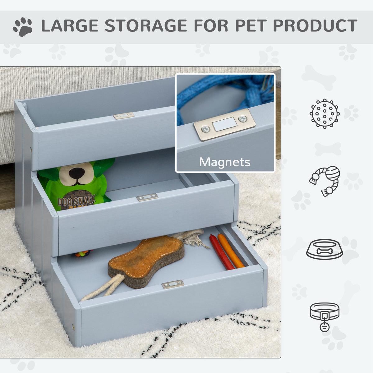 PawHut pet stairs opened to show three storage drawers with magnetic closures