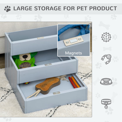 PawHut pet stairs opened to show three storage drawers with magnetic closures