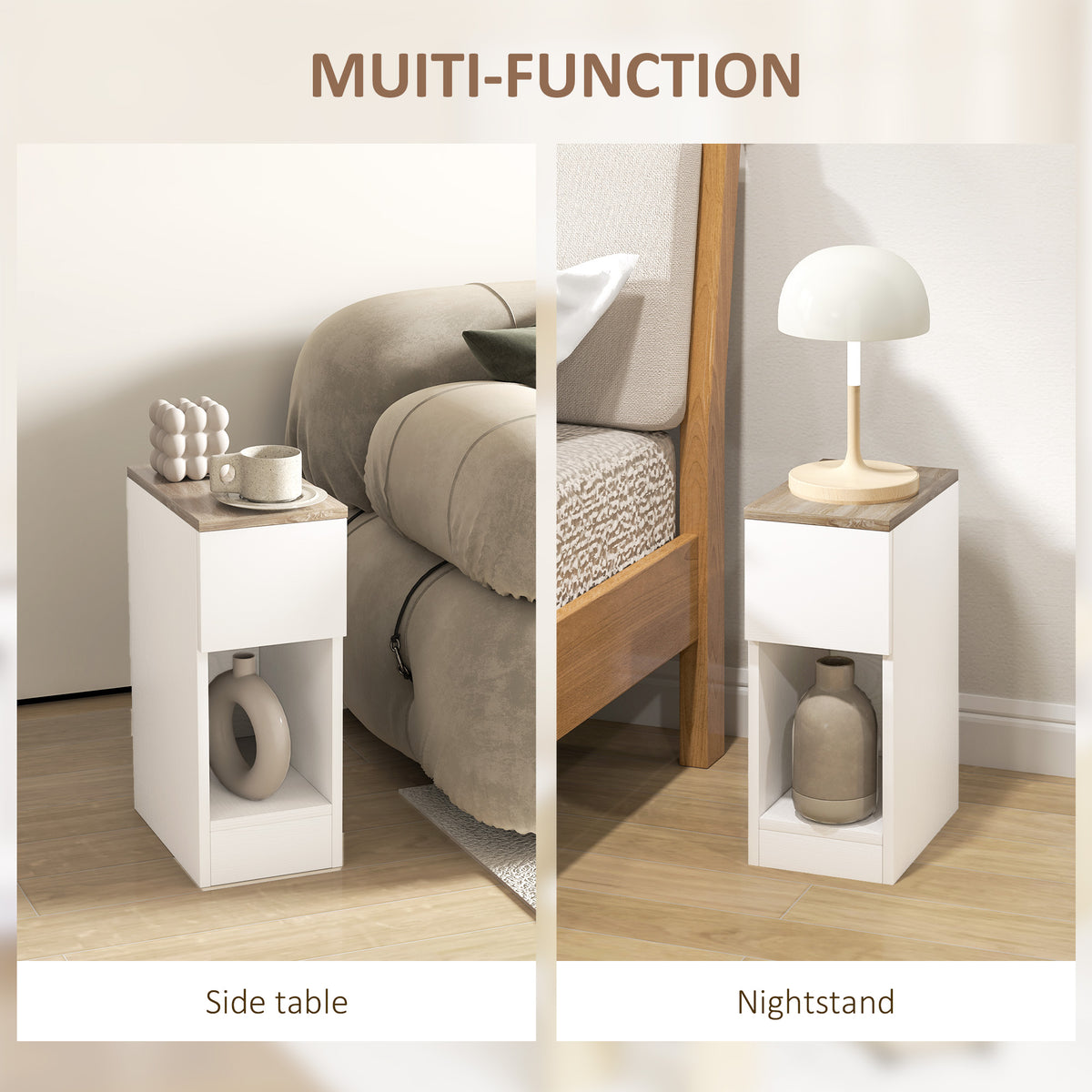 Cream white bedside table with wood-look top and open lower storage compartment, shown as side table and nightstand