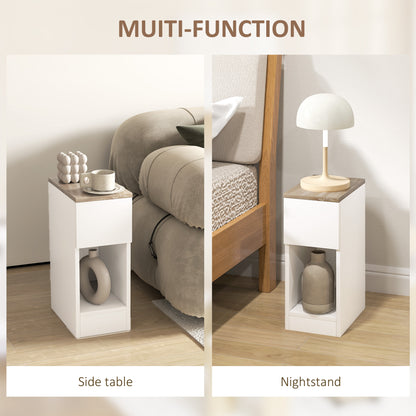 Cream white bedside table with wood-look top and open lower storage compartment, shown as side table and nightstand