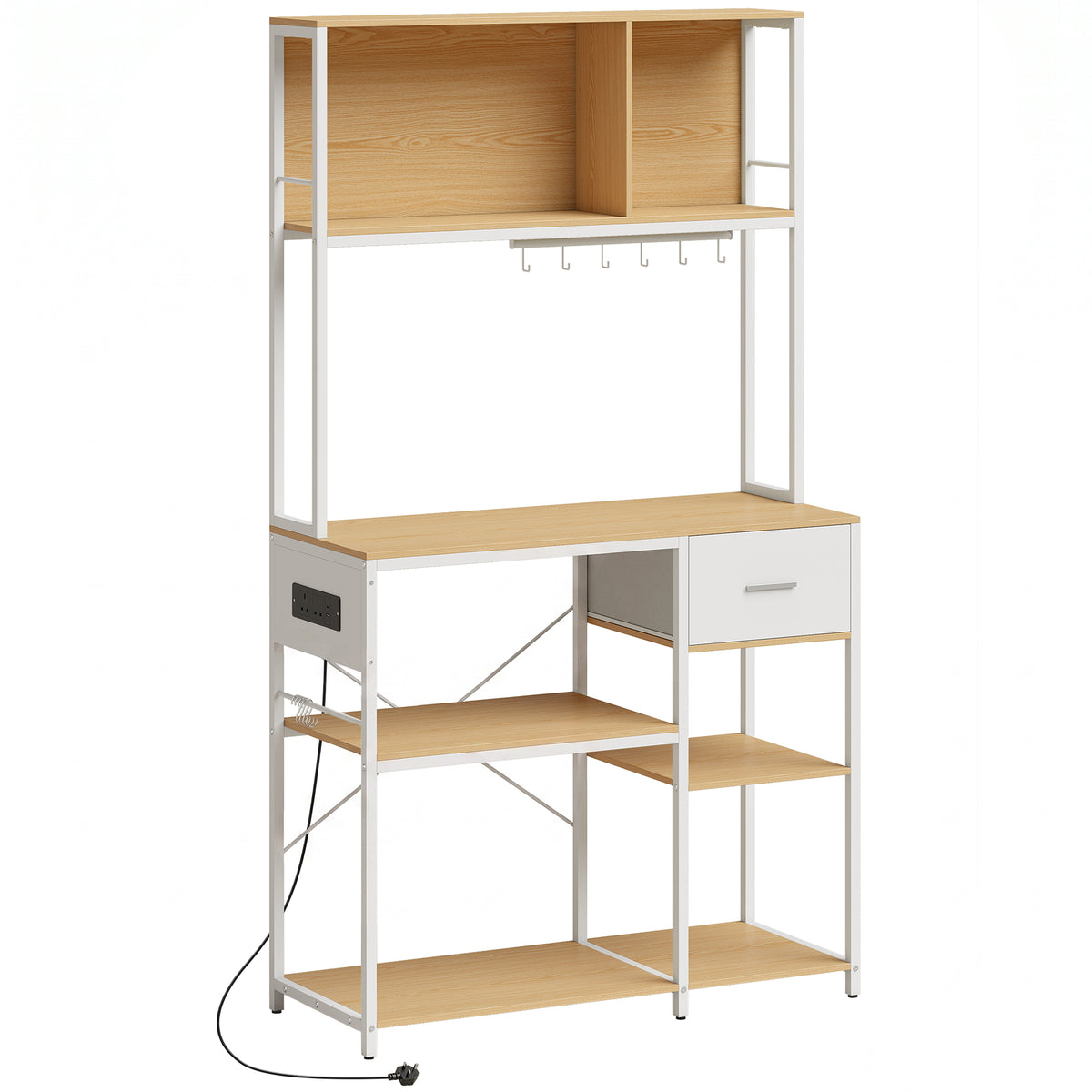 Photo of HOMCOM Kitchen Storage Rack with Power Outlet, USB and Type-C Ports, Drawer, Shelves and 4 Hooks, Oak and White in White colour on a white background