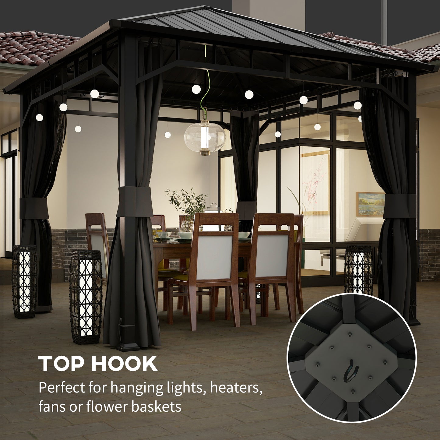 Outsunny 3 x 3(m) Hardtop Gazebo with Galvanised Steel Roof, Waterproof Permanent Pavilion Garden Gazebo with Netting and Curtains for Patio, Deck