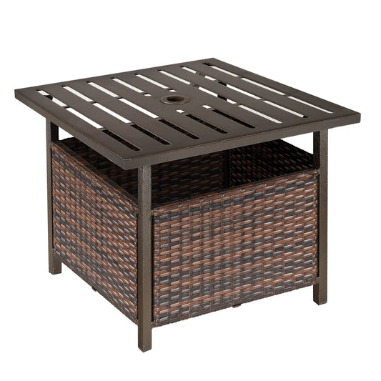 Photo of Outsunny Rattan Garden Coffee Table, 55.5 cm Square Wicker Patio Side Coffee Table with 4 cm Umbrella Hole, Metal Bottom and Slatted Top for Outdoor, Balcony, Brown in Brown colour on a white background