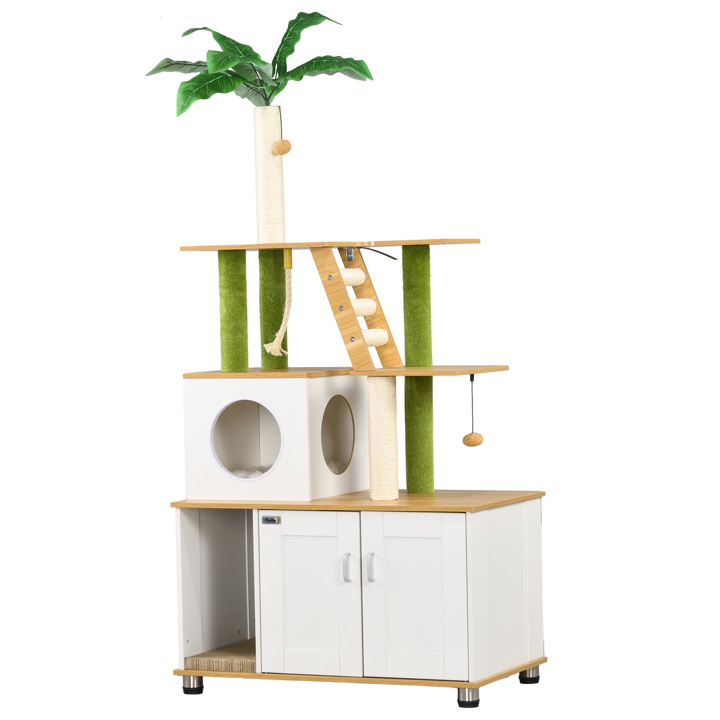 Photo of PawHut 2-in-1 Hidden Cat Litter Box, Green Leaf Cat Tree, with House, Ladder, Scratching Posts, Platforms, Indoors -Oak in -Oak colour on a white background