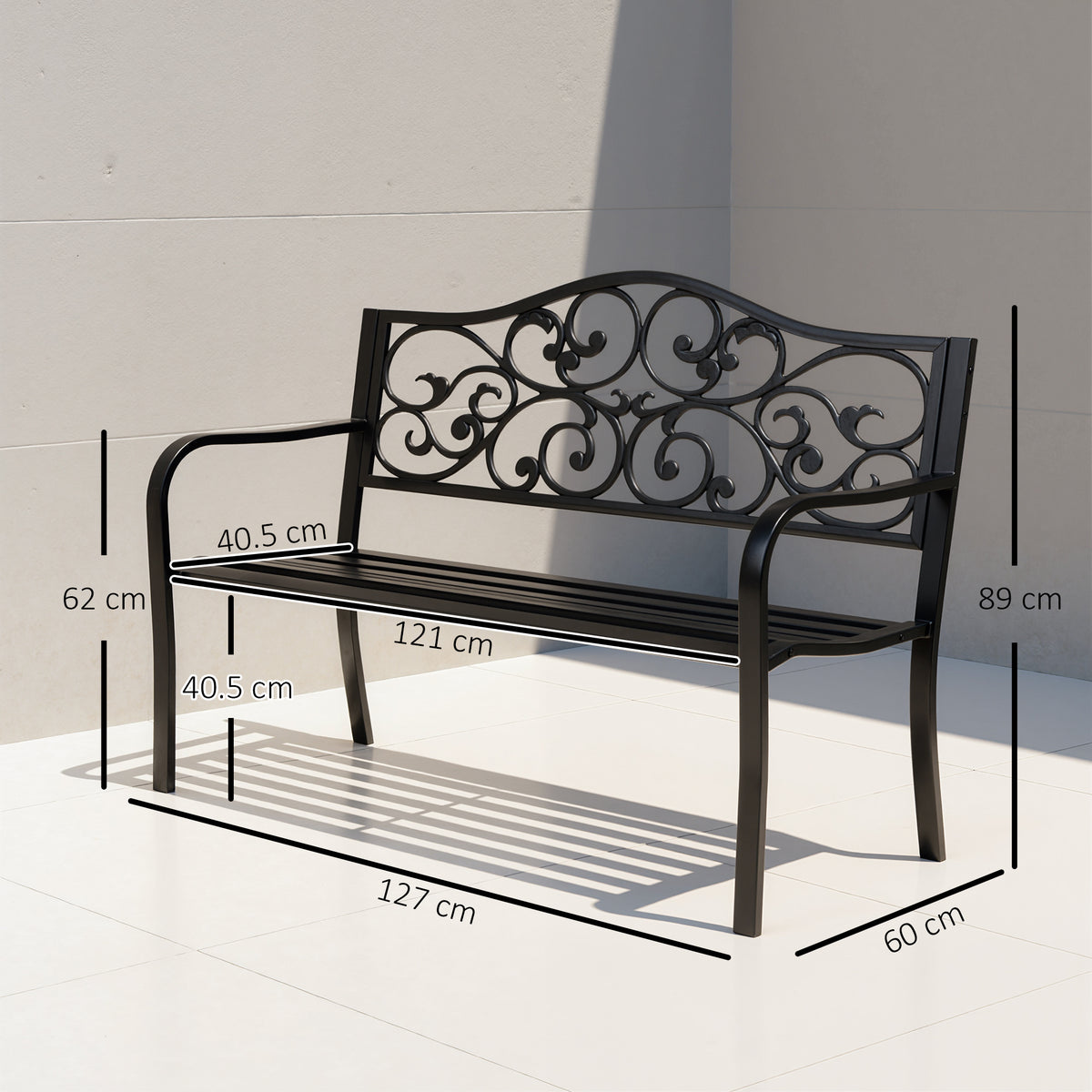 Black metal garden bench with dimension labels for its seat and frame