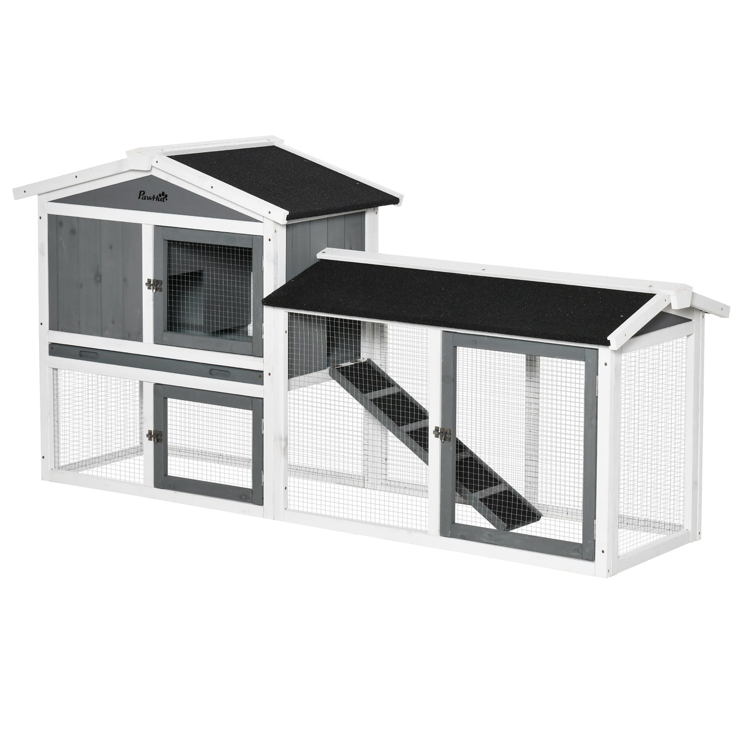 Photo of PawHut Rabbit Hutch Outdoor, 2-Tier Guinea Pig Hutch, Wooden Small Animal House with Rabbit Run Box, Slide-out Tray, Ramp, 175.8 x 52 x 85.5 cm, White in White colour on a white background