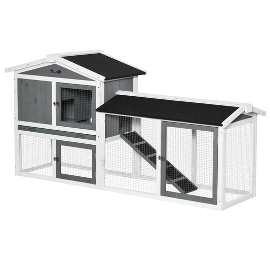 Photo of PawHut Rabbit Hutch Outdoor, 2-Tier Guinea Pig Hutch, Wooden Small Animal House with Rabbit Run Box, Slide-out Tray, Ramp, 175.8 x 52 x 85.5 cm, White in White colour on a white background